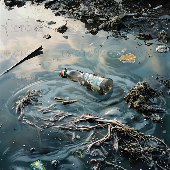 Polluted water with floating rubbish, mainly plastic bottles, documented pollution, environmental