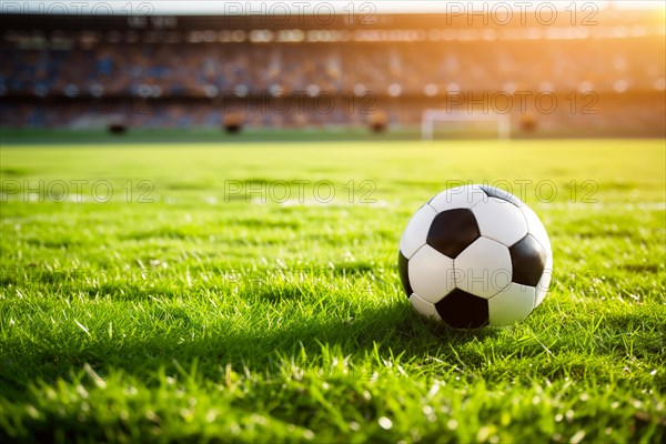 A soccer ball on a green field in soccer football stadium in evening on sunset with floodlights
