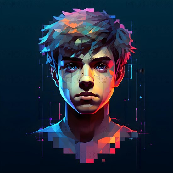 AI generated boys human head digitalised in pixel art style presenting a mosaic of vibrant hues in