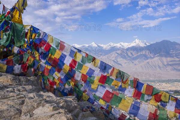 Panorama from Tsenmo hill over Leh and the Indus valley to Stok Kangri, 6153m, Ladakh, Jammu and