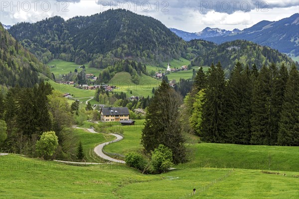 View from the Alpe Dornach to Tiefenbach and the Allgaeu Alps, Oberstdorf, Oberallgaeu, Allgaeu,