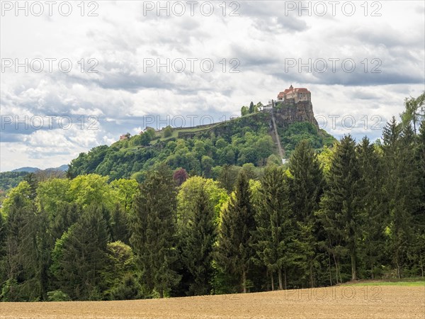 Farmland, behind Riegersburg with lift, Riegersburg, Styrian volcanic region, Styria, Austria,