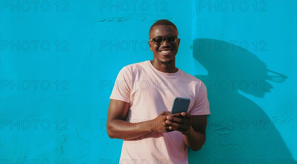Black young positive man with dreadlocks is smiling and standing in front of the building wall.