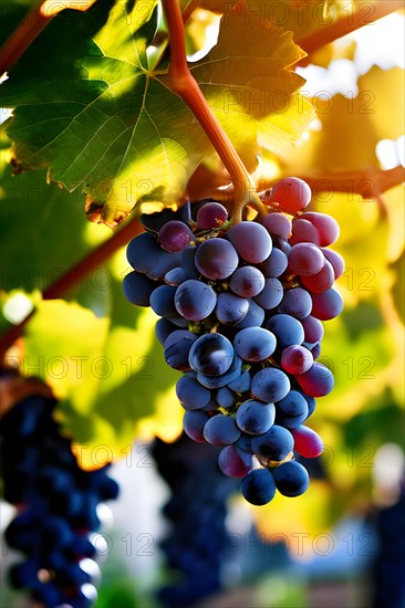 AI generated ripe grapes clinging to a vine sunlight dancing through the leaves accentuating their