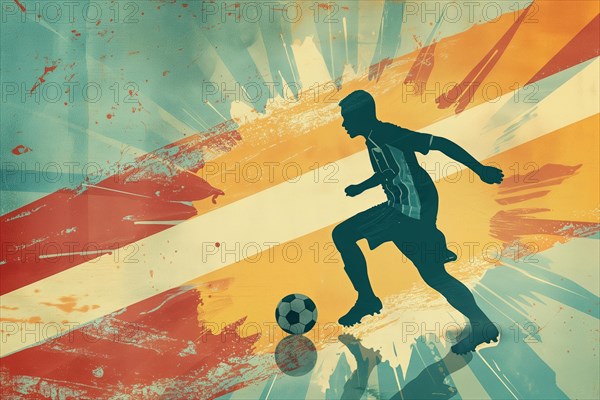 A soccer player dribbles and kicks a soccer ball. Abstract vintage grungy poster style with muted