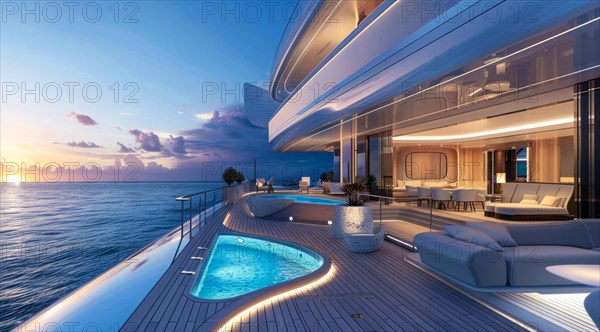A large luxury yacht with a pool on the side of it. The pool is surrounded by a railing and has a