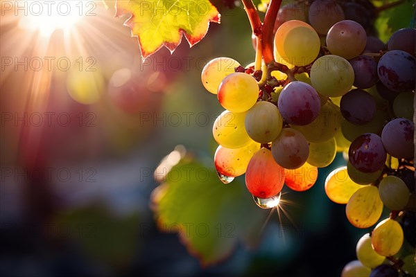 AI generated ripe grapes clinging to a vine sunlight dancing through the leaves accentuating their