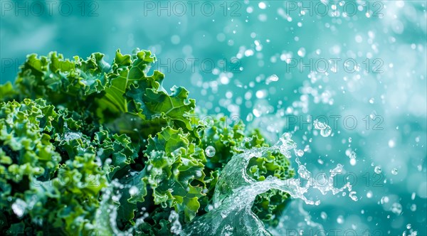 Fresh bunch of green kale floating in water. A concept of vegetarian lifestyle and vegetarian diet,