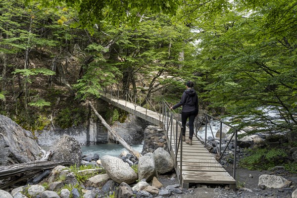 Young woman walking on bridge over meltwater stream, Base of Torres del Paine Hike, Torres de