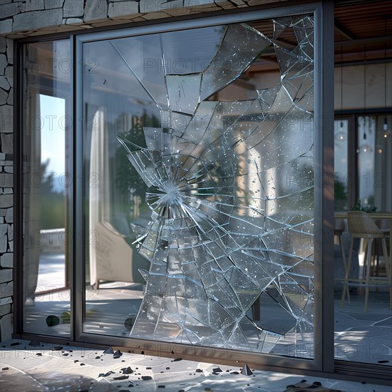 A smashed patio door with a view of the inside of a house during the day, burglary, burglar,