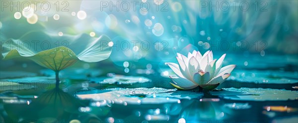 Lotus flower is floating on water. Concept of meditation, serenity, spirituality and enlightenment,
