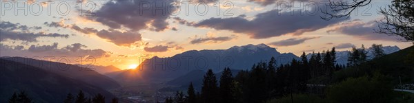 Sunset over the Liesingtal, in the evening light the village of Traboch, Schoberpass federal road,