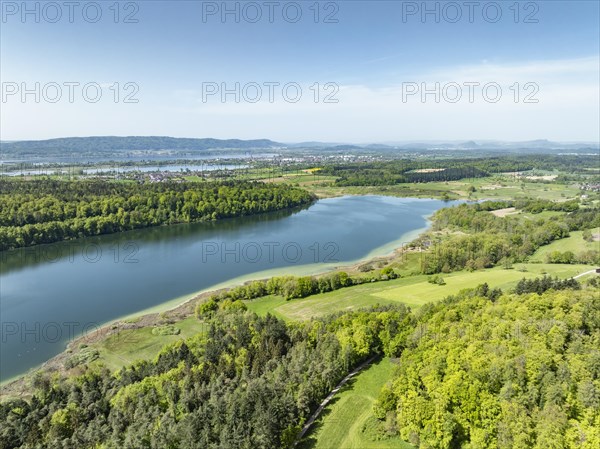 Aerial view of Mindelsee, a glacial tongue lake on the Bodanrueck, on the horizon on the left the