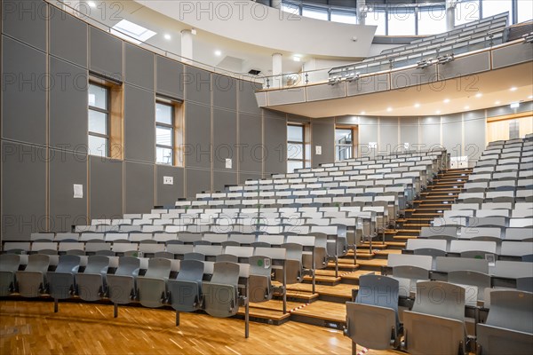 Rows of seats in an empty lecture theatre, interior photo, Department of Mechanical Engineering,