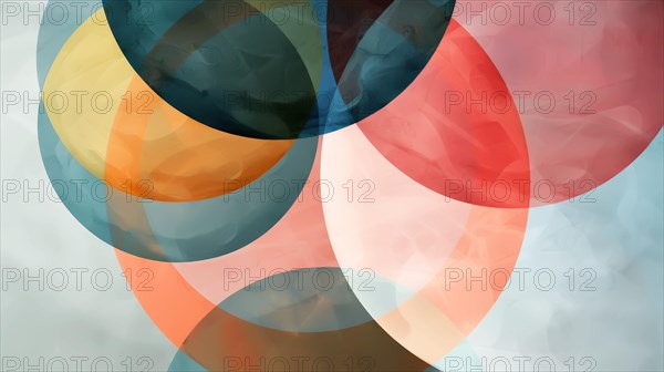 Soft pastel colored translucent circles overlapping in a gentle, modern abstract design, AI