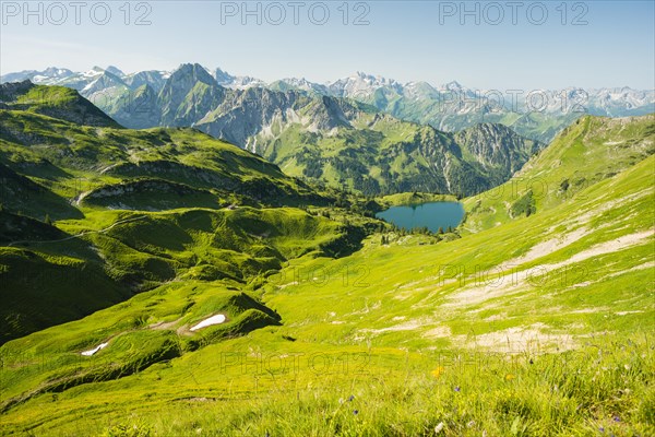 Panorama from Zeigersattel to Seealpsee, on the left behind the Hoefats 2259m, Allgaeu Alps,