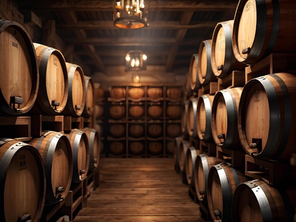 AI generated rustic wine cellar filled with wooden oak barrels