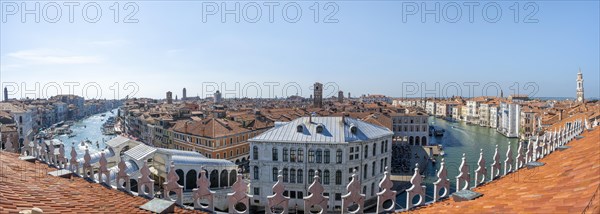 Panorama, view from the roof of the Fondaco dei Tedeschi, boats on the Grand Canal, Venice, Veneto,