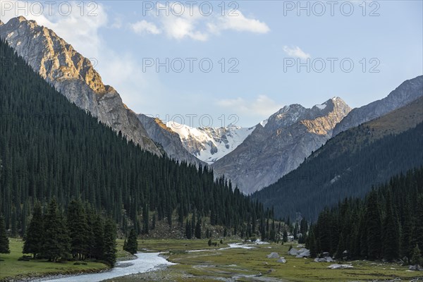 Mountain river, Dramatic mountains with glaciers, Mountain valley, Chong Kyzyl Suu valley, Terskey