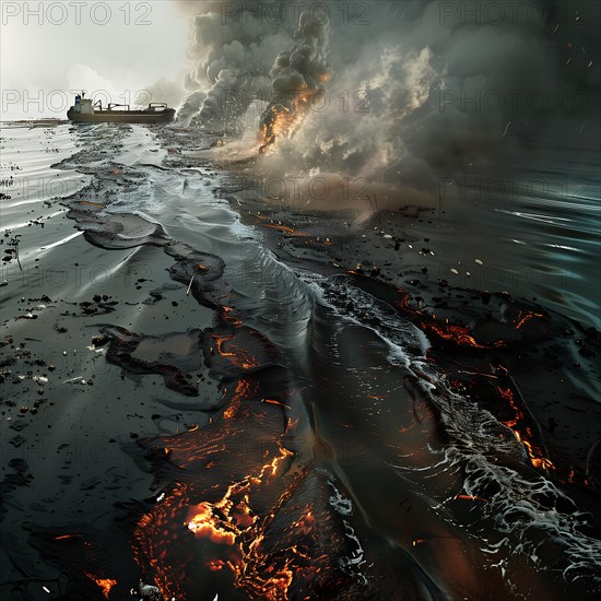 A dramatic volcanic eruption with rivers of lava flowing into the ocean and sending clouds of smoke