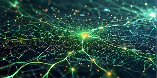 Ai generated conceptual illustration of a neuronal network with interconnected nodes pulsating in