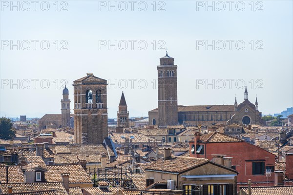 View over the roofs of Venice with church towers and church, view from the roof of the Fondaco dei