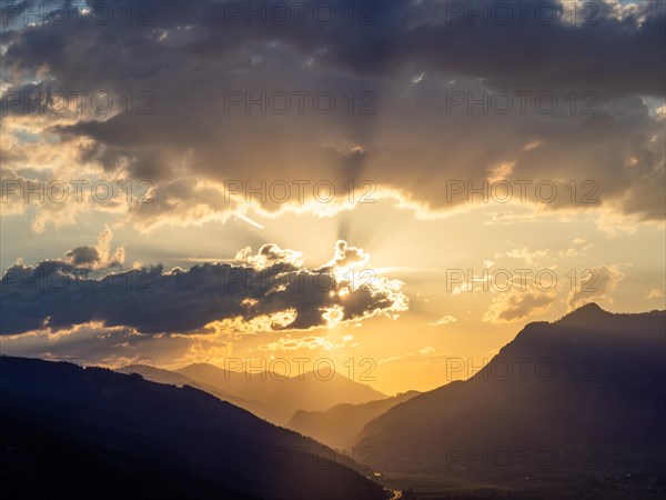 Sunset over the Liesingtal, in the evening light the village of Traboch, Schoberpass federal road,