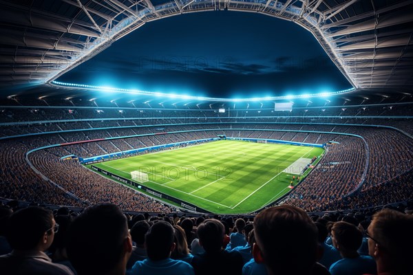 A soccer field with a large crowd of people spectators fans watching the game in evening. The