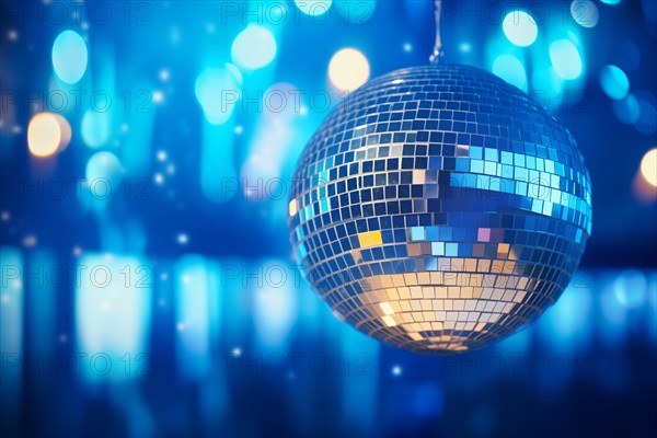 A disco ball is suspended from the ceiling at party in nightclub, reflecting the lights and