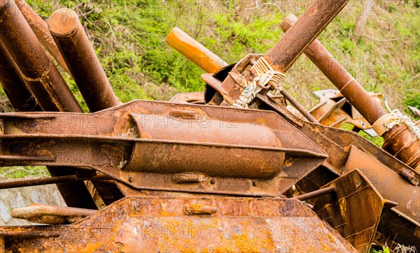 Closeup of large rusted metal anchor used on large fishing vessels in South Korea