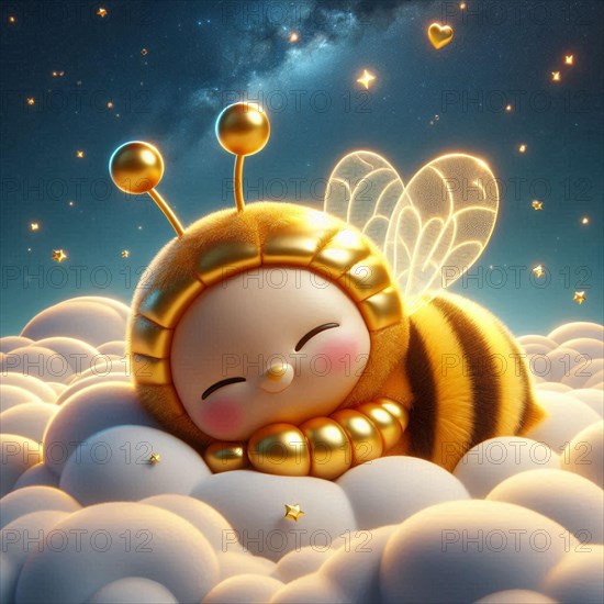 A bee character with a wide smile in an astronaut suit nestled in clouds under a star-filled sky,