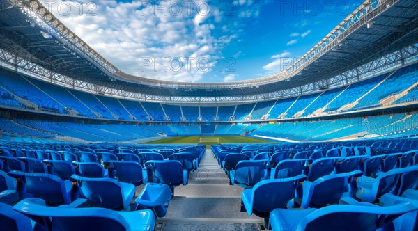 Big olympic stadium and soccer field full of blue seats with a blue sky in the background, AI