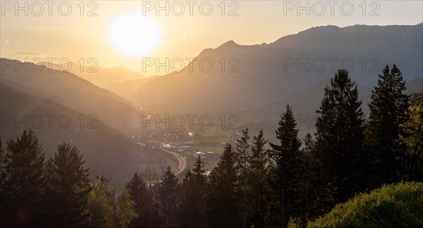 Evening light at sunset over the Liesingtal, in the evening light the village of Traboch,