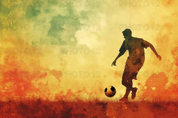 A soccer player dribbles and kicks a soccer ball. Abstract vintage grungy poster style with muted