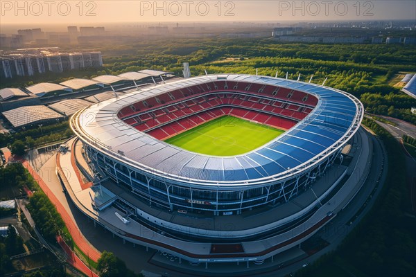 Aerial bird eye top view of a soccer football field stadium, AI generated