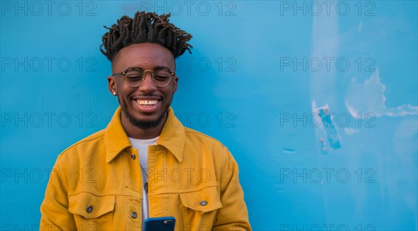 Black young positive man with dreadlocks is smiling and standing in front of the building wall.