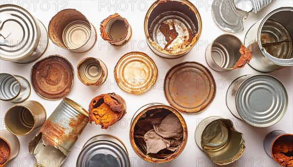 Symbol photo, many empty tin cans, partly crushed, rusty, dirty, on a white background, AI