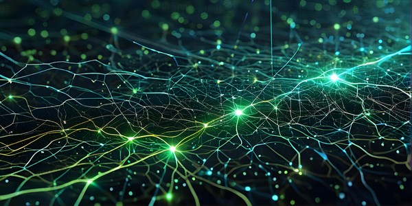 Ai generated conceptual illustration of a neuronal network with interconnected nodes pulsating in