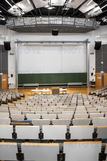 View from the rows of seats into an empty lecture theatre, interior photo, Department of Mechanical