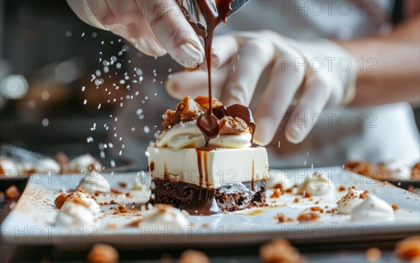 Chef is decorating a dessert with berries and other delicious additions of sweets and whipped