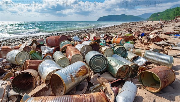 Symbol photo, many empty tin cans, partly crushed, rusty, dirty, lying on the beach, waste, AI