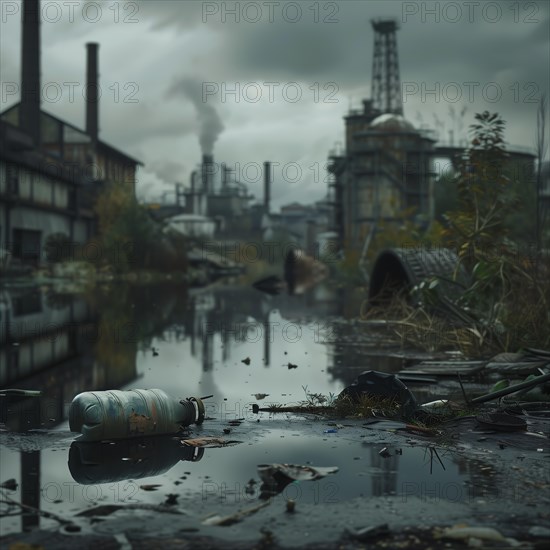 Gloomy industrial landscape with factories and waste in the water, pollution, environmental