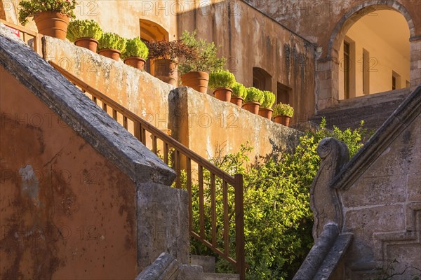 Stone staircase leading to cloister and wall with various plants in terracotta planters in inner