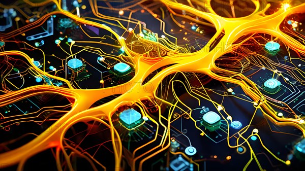 Ai generated conceptual illustration of a neuronal network with interconnected nodes pulsating in