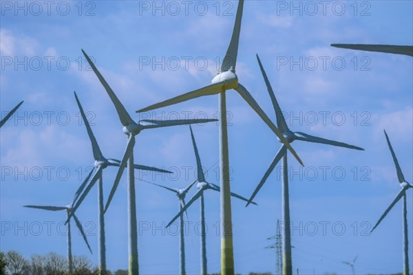 Wind turbines in the Luetetsburg wind farm on the North Sea coast, Hagermarsch, East Frisia, Lower