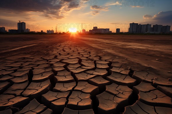 Drought climate change ecology solitude concept, dry dead tree in desert with a dry, cracked ground