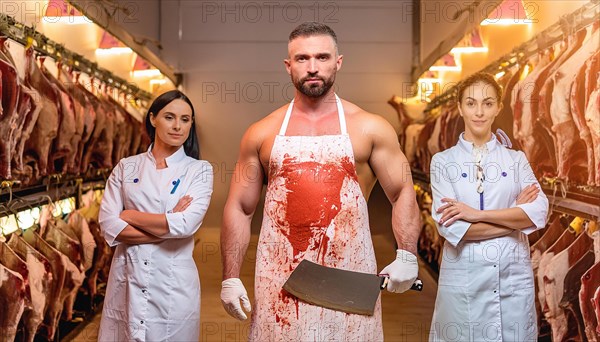 Focused butchers in a clean locker with blood-stained aprons maintain a professional appearance, AI
