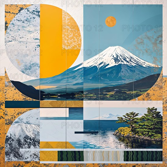 Graphic design with geometric representation of Mount Fuji with structured elements, Japan, AI