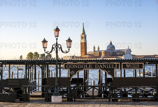 Hotel Danieli jetty, San Giorgio Maggiore church behind, in the morning light, Venice, Veneto,