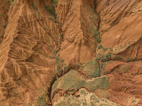 Top down view, gorge with eroded red sandstone rocks, Konorchek Canyon, Boom Gorge, aerial view,